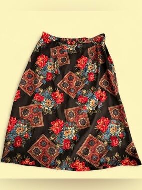 Floral Black A-Line Skirt with Red & Blue Blooms